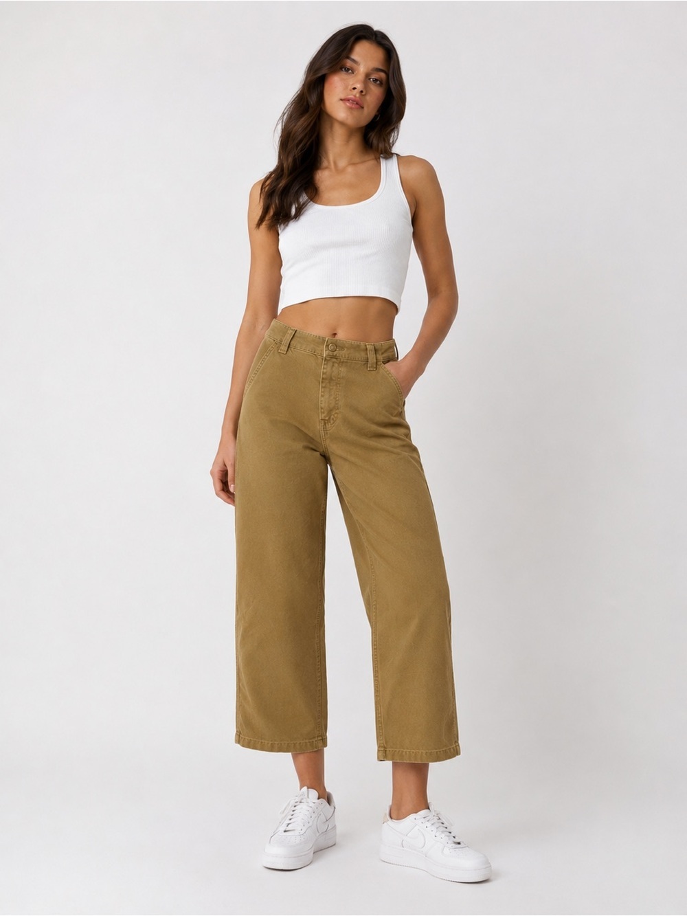 Zara High Rise Wide Leg Khaki Jeans Tan Cotton Pants XS